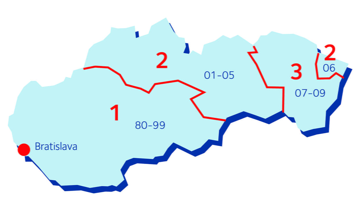 Kartta: Slovakia postinumeroalueet ja DSV:n terminaali kartalla